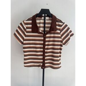 No Comment NY-LA Retro Stripe Cropped Polo Top Junior's  Sz XL‎ Brown Cream Y2K